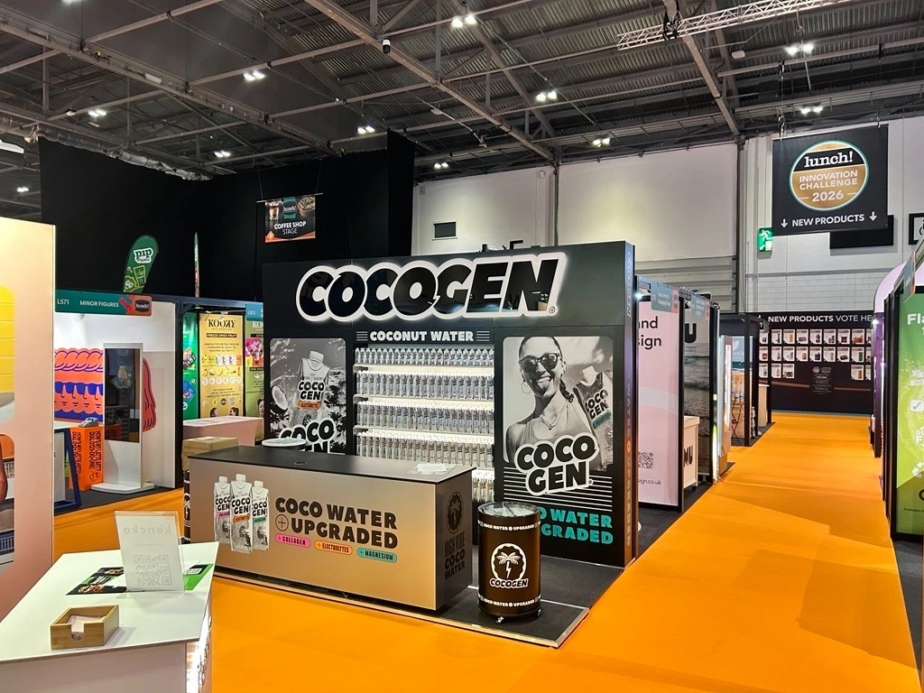 CocoGen exhibition stand at Lunch! 2026 with large-scale branding, product sampling counter and coconut water display